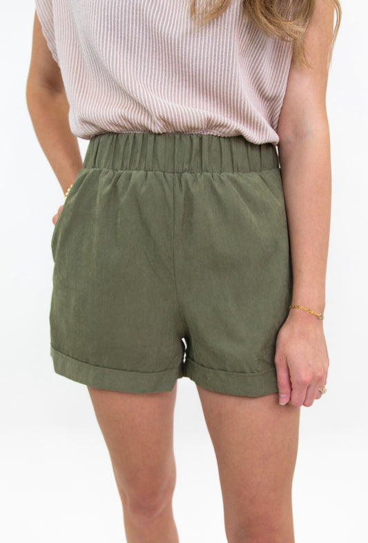 Olive High-waisted Fall Shorts