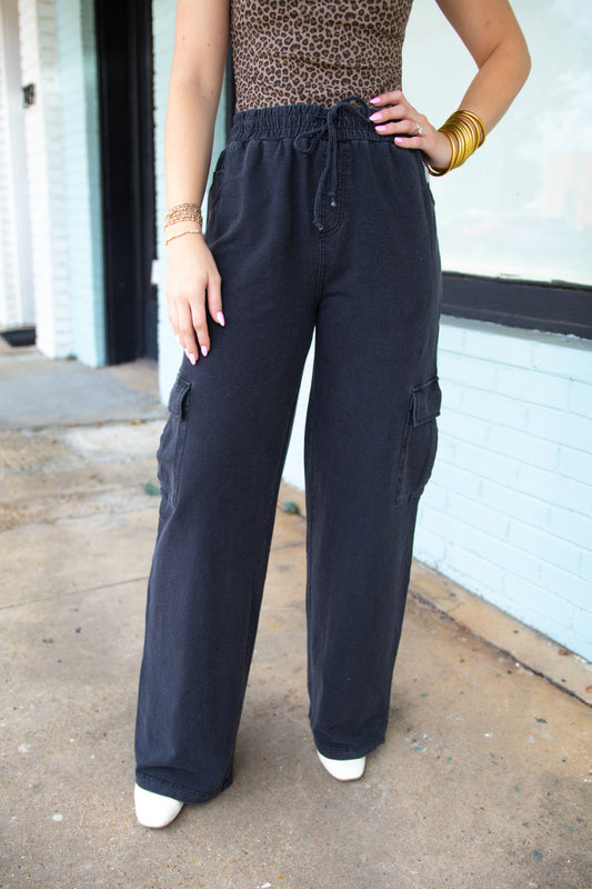 Black Mineral Wash Wide Leg Cargo Pants