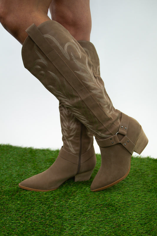 Taupe Knee High Buckle Boots