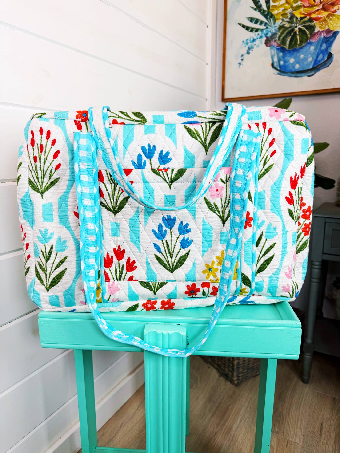 Aqua Garden Party Quilted Weekender Duffle Bag