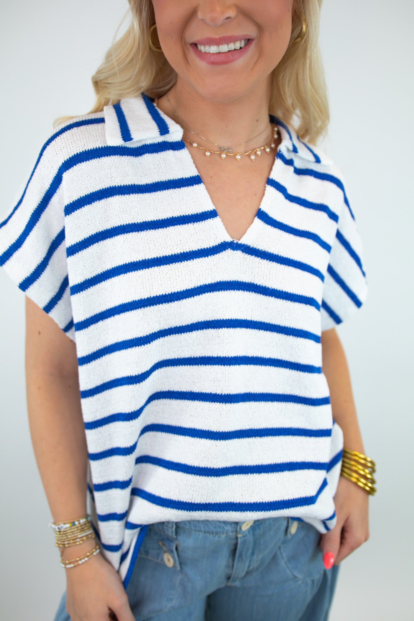 Striped Collared V-Neck Textured Top