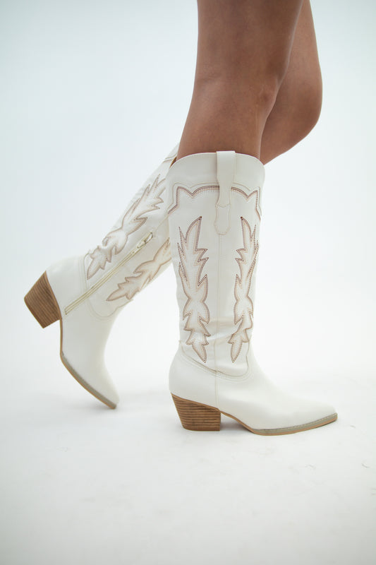 Tall White Brown Embroidered Boots