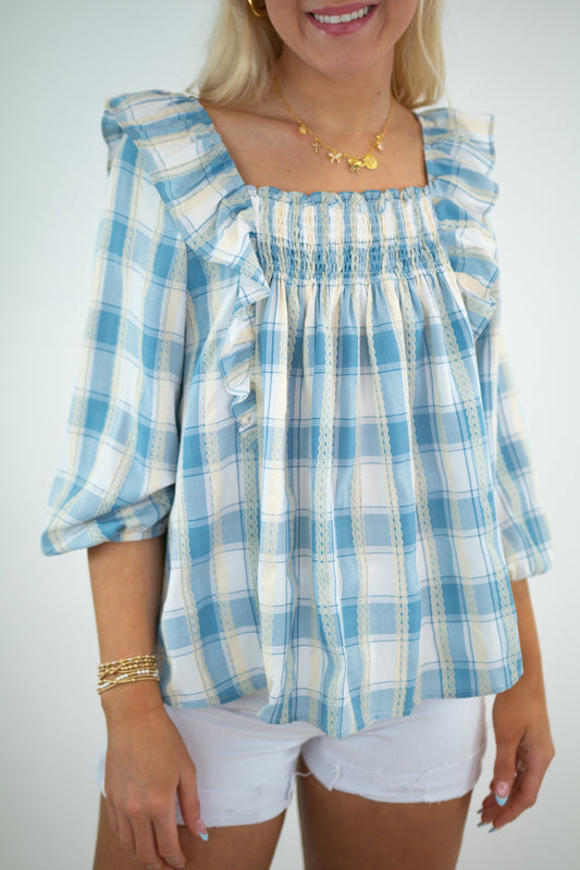 Light Blue Plaid Smocked Top