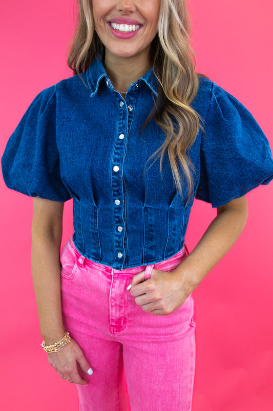 Denim Puff Sleeve Pleated Crop Top