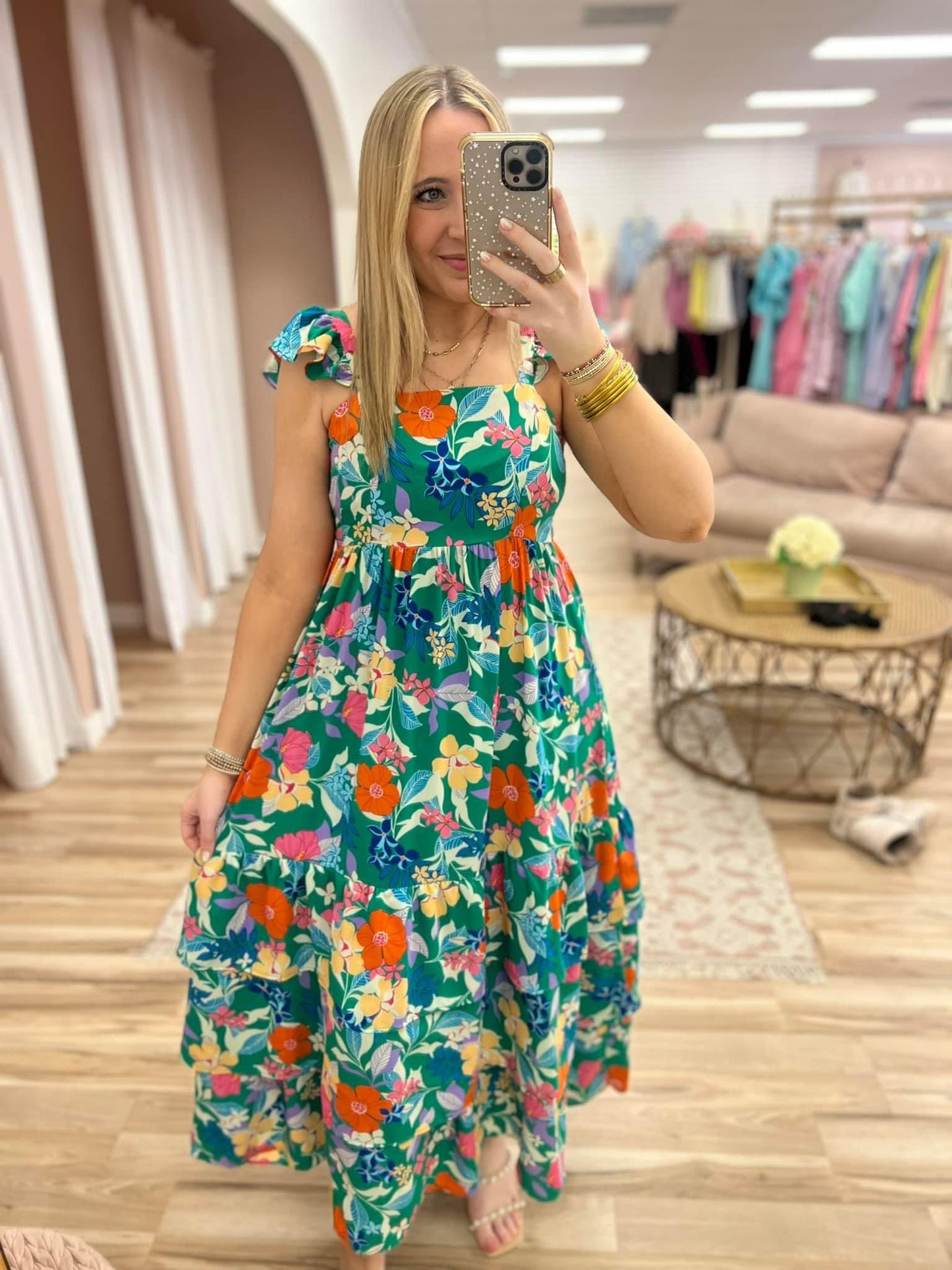 Green Tropical Flutter Sleeve Dress