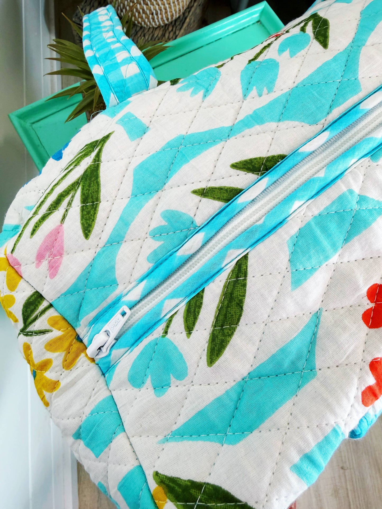 Aqua Garden Party Quilted Weekender Duffle Bag