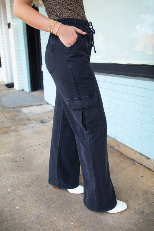 Black Mineral Wash Wide Leg Cargo Pants