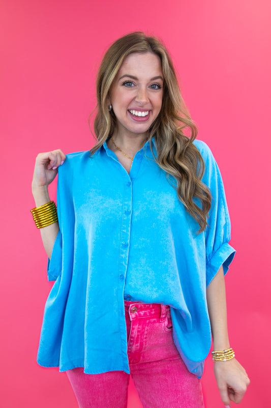 Mineral Washed Oversized Button Down Top- Blue