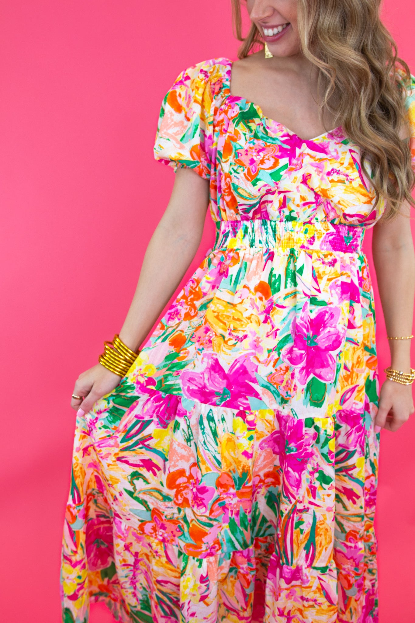 Floral Puff Sleeve Tiered Midi Dress