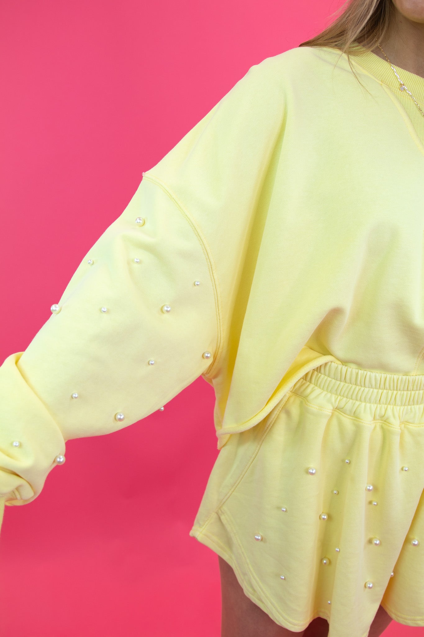 Pale Yellow Pearl Embellished Cropped Sweatshirt