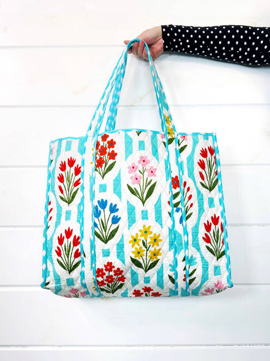 Aqua Garden Party Quilted Travel Tote