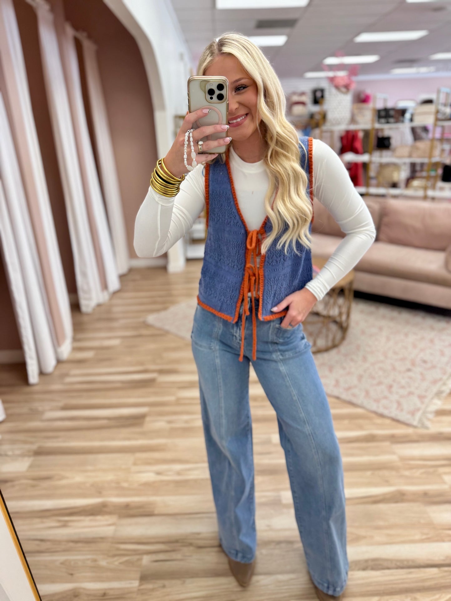 Knit Denim & Orange Sleeveless Tie Sweater