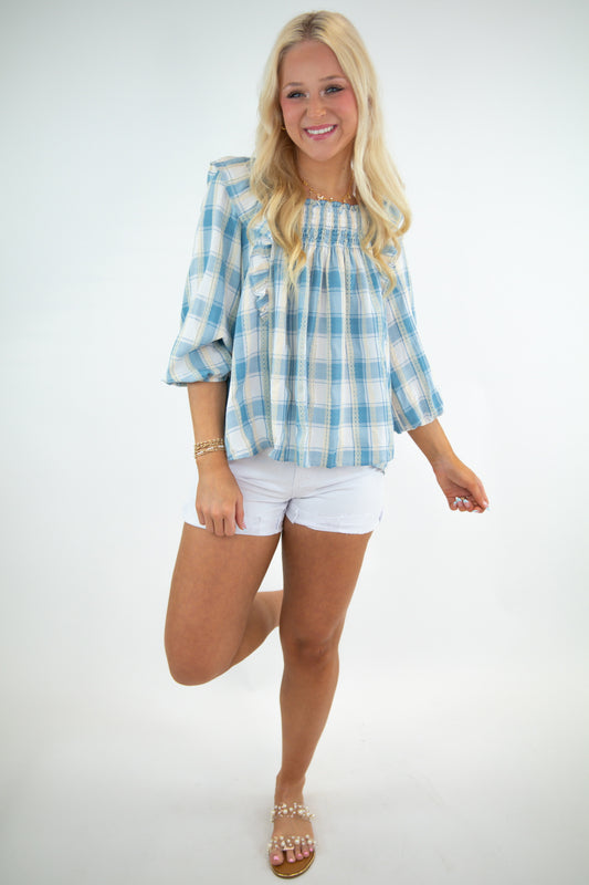 Light Blue Plaid Smocked Top