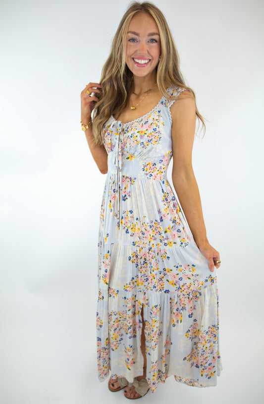Blue Lace Trim Tiered Maxi Dress