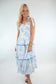 Blue Floral Smocked Ruffle Trim Midi Dress