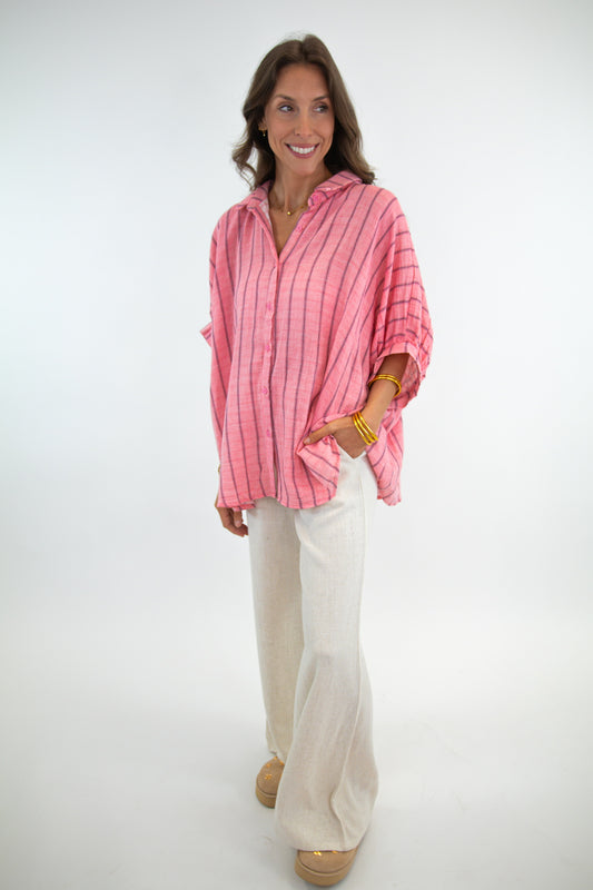 Oversized Coral Striped Button Down Top
