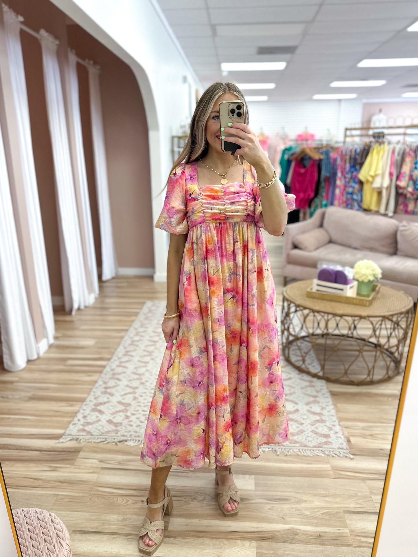 Floral Watercolor Puff Sleeve Midi Dress