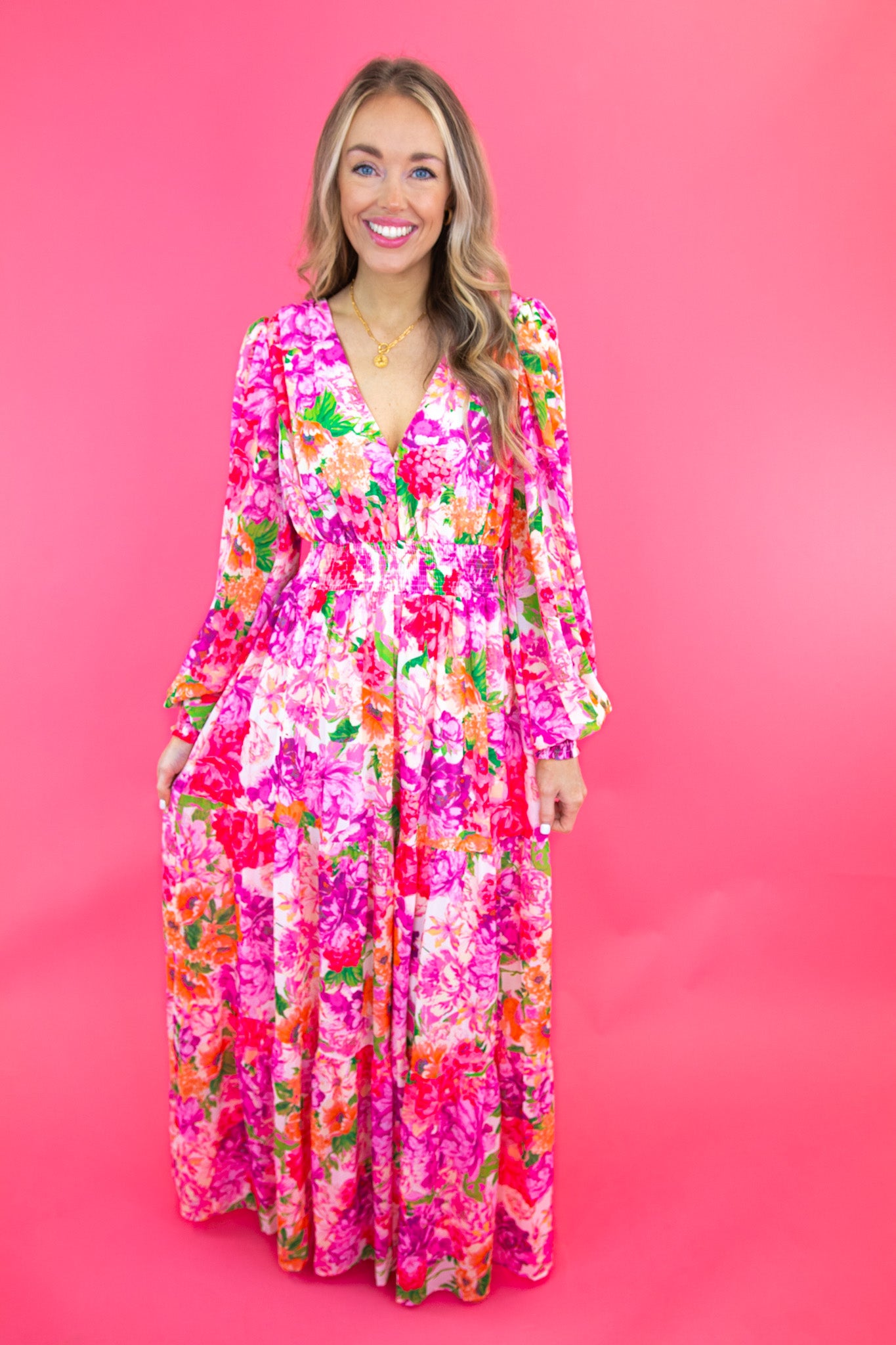 Pink Floral Long Sleeve Maxi Dress