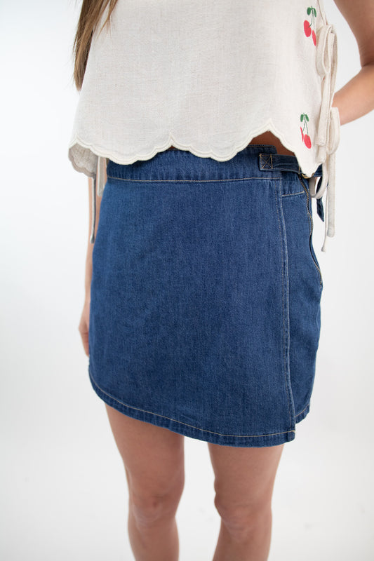 High Waist Denim Wrap Mini Skort