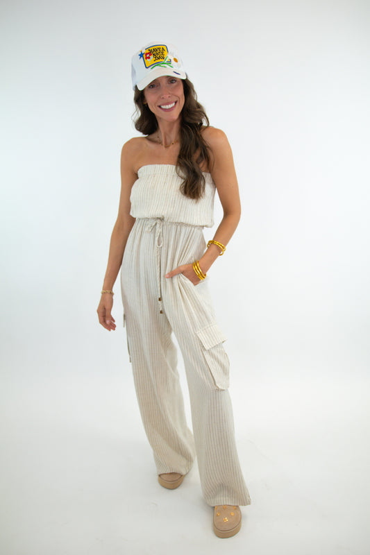 Strapless Pinstripe Linen Jumpsuit