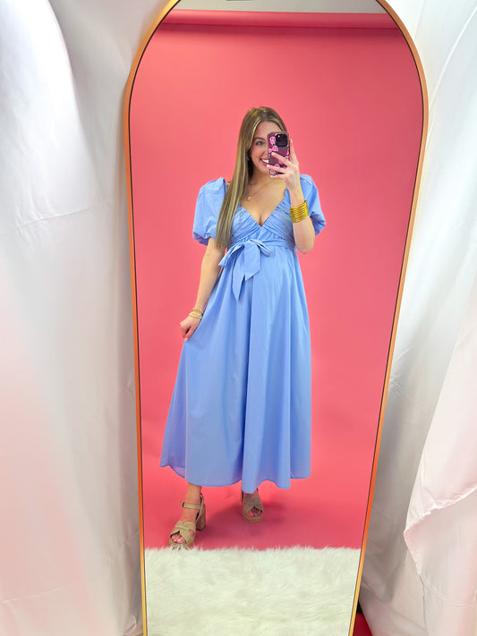 Puff Sleeve V-Neck Maxi Dress- Baby Blue