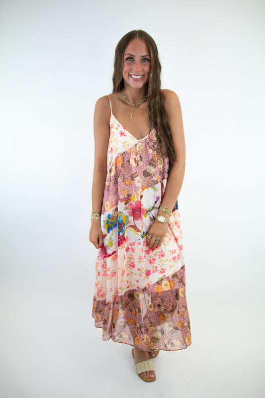 Berry Tiered Mix Print Midi Dress