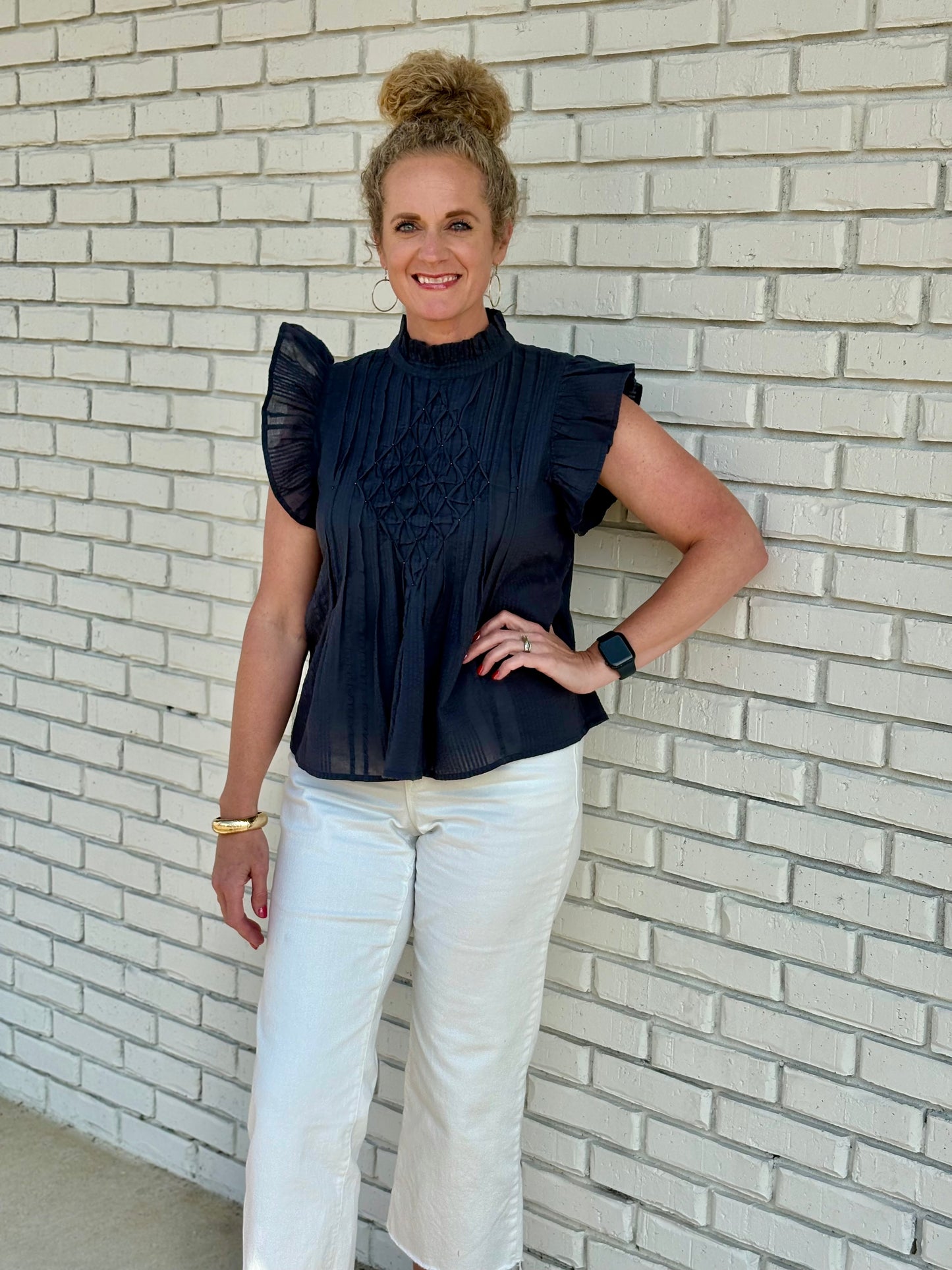 Navy Ruffle Flutter Sleeve Top