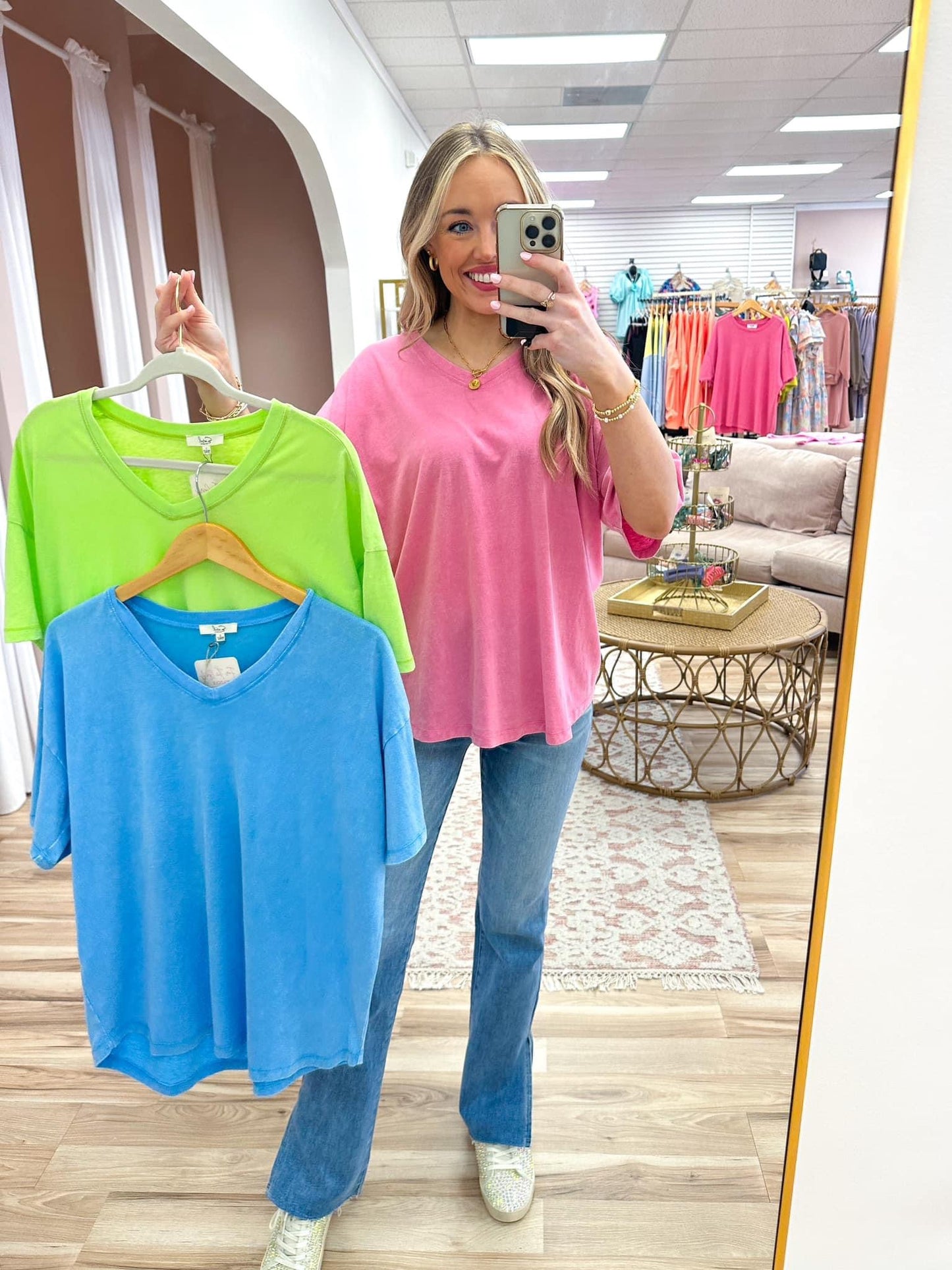 Mineral Washed V-Neck Spring Tee- Pink