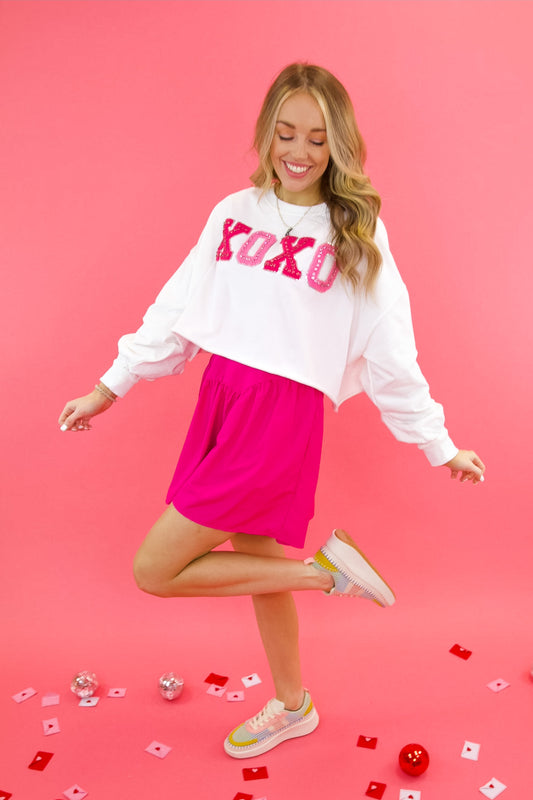 "XOXO" Chenille Patch Rhinestone Cropped Pullover