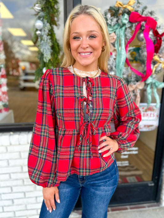 Red and Green Plaid Bow Tie Top