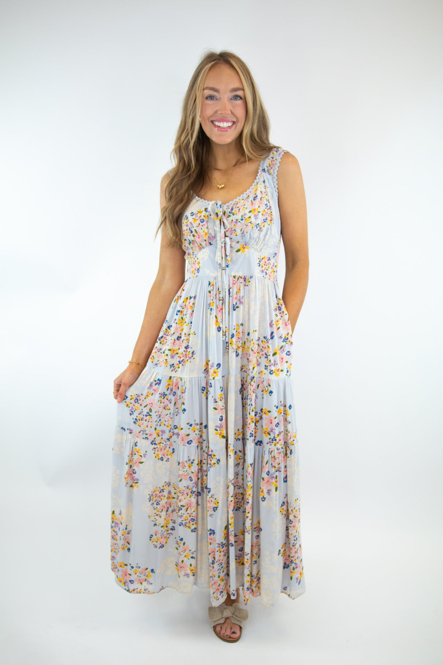 Blue Lace Trim Tiered Maxi Dress
