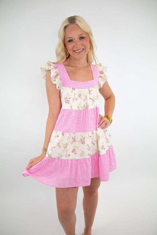 Pink Floral Gingham Dress