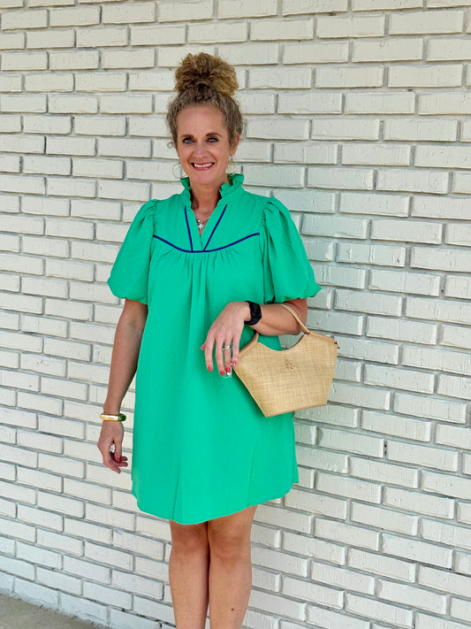 Green Puff Sleeve V-neck Dress