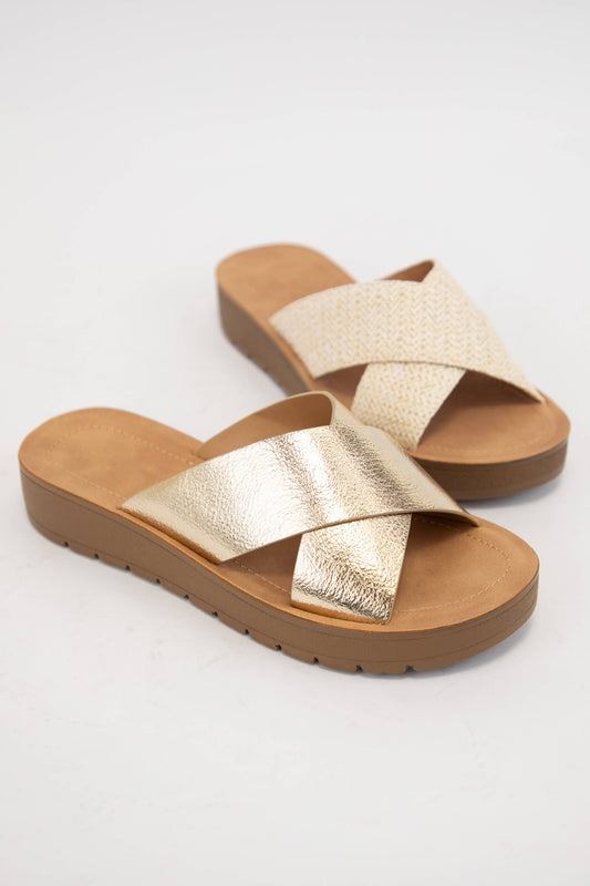 Gold LUCY LIGHT-WEIGHT WEDGE PLATFORM CROSS STRAP SLIDE SANDAL
