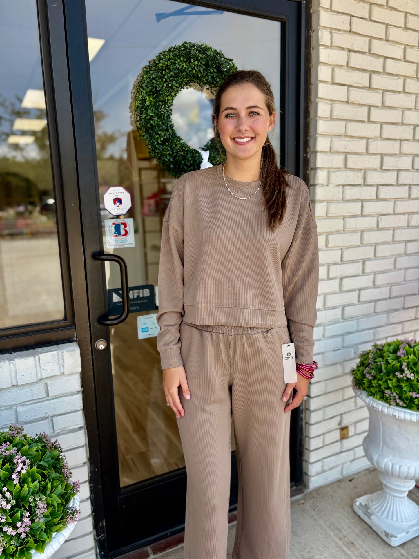 Luxe Sand Wash Rib Wide Leg Pants - taupe