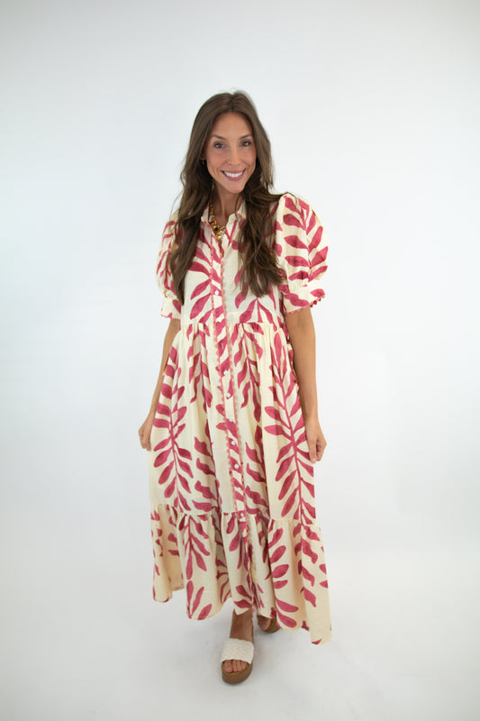Ivory & Coral Reef Puff Sleeve Dress