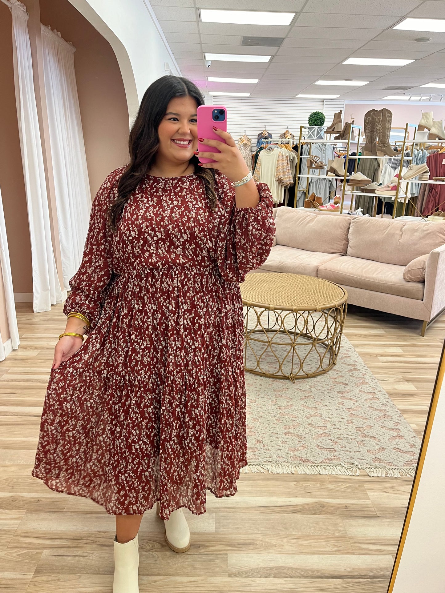 Burgundy Floral Pleated Dress - Curvy