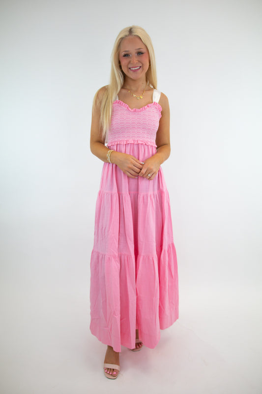 Pink Smocked Bow Tie Maxi Dress