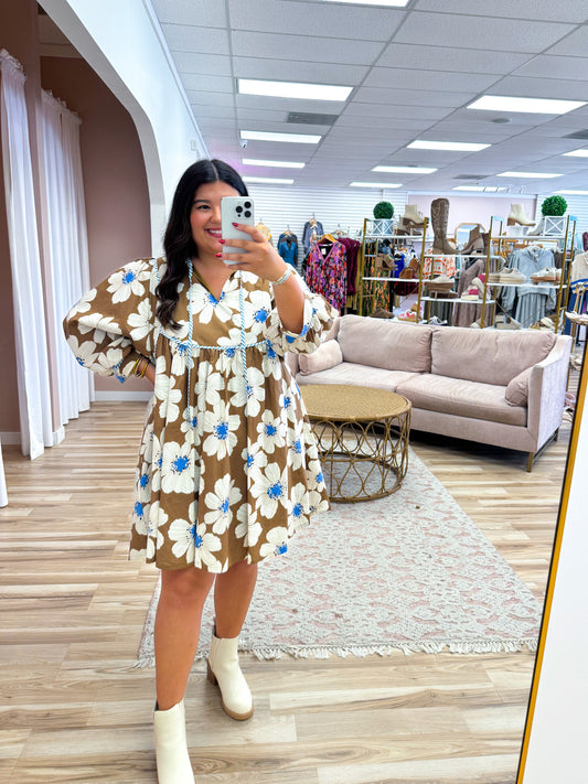 Brown Blue Florals Dress-Curvy