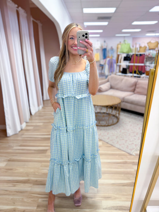 Baby Blue Gingham Puff Sleeve Dress
