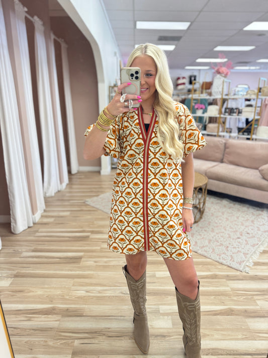 Floral Orange & Cream Fall Dress