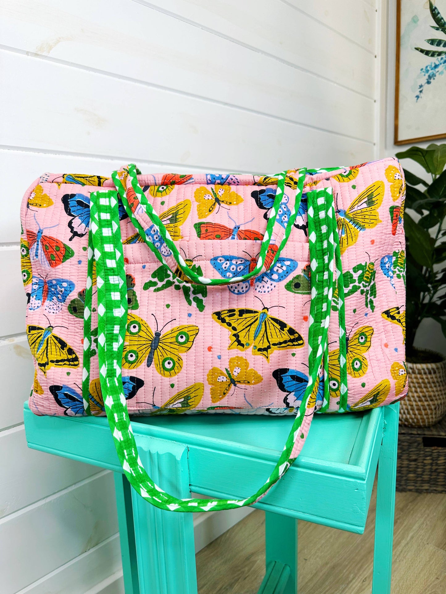 Pink Butterfly Quilted Duffle Weekender Bag