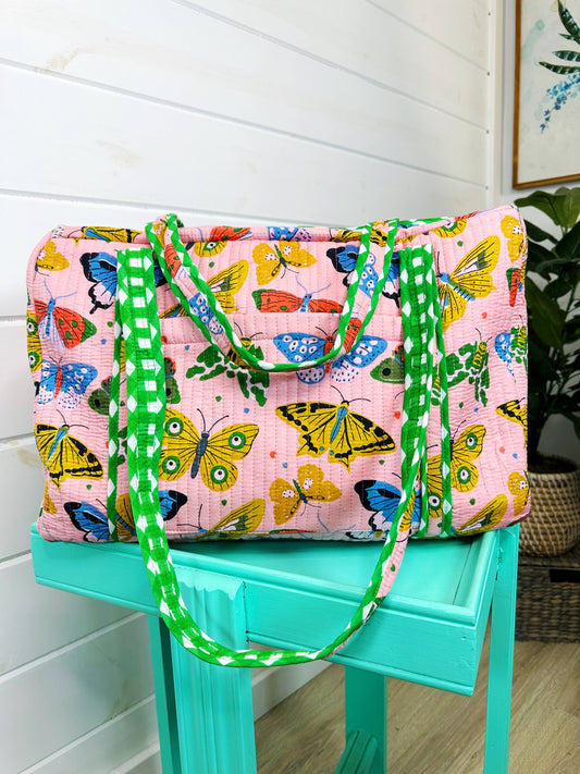 Pink Butterfly Quilted Duffle Weekender Bag
