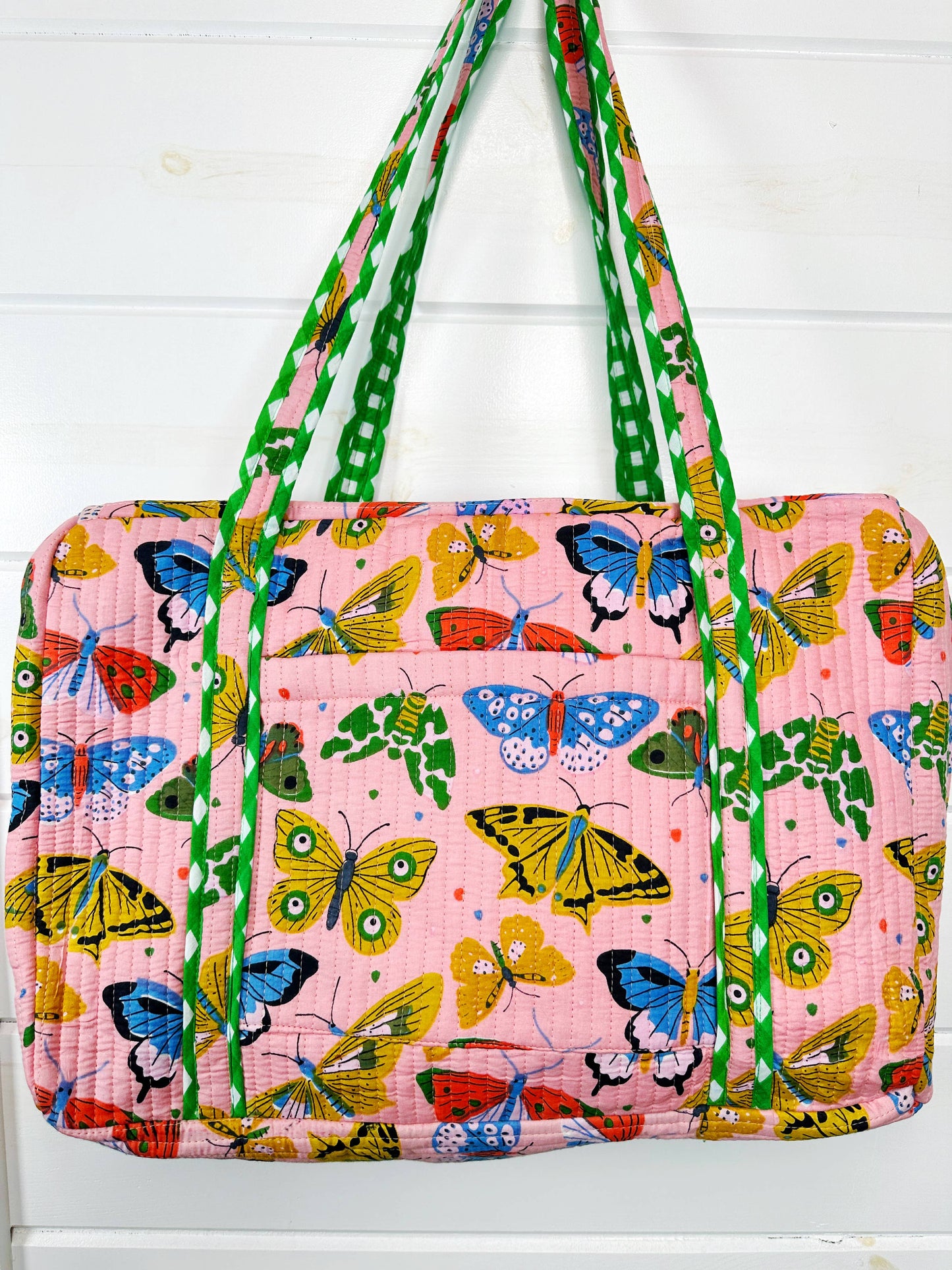 Pink Butterfly Quilted Duffle Weekender Bag