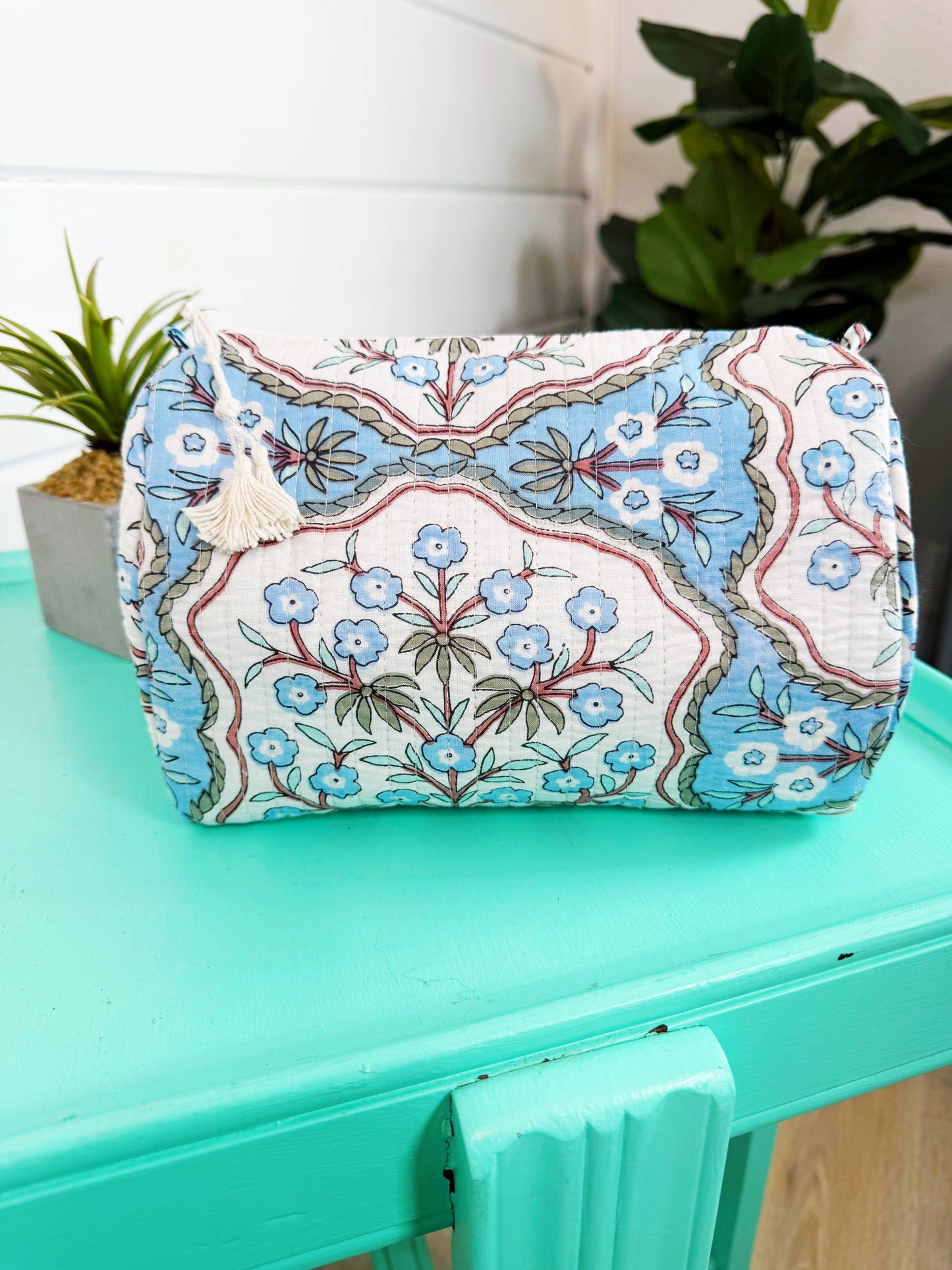 Blue Petals Quilted Makeup Bag