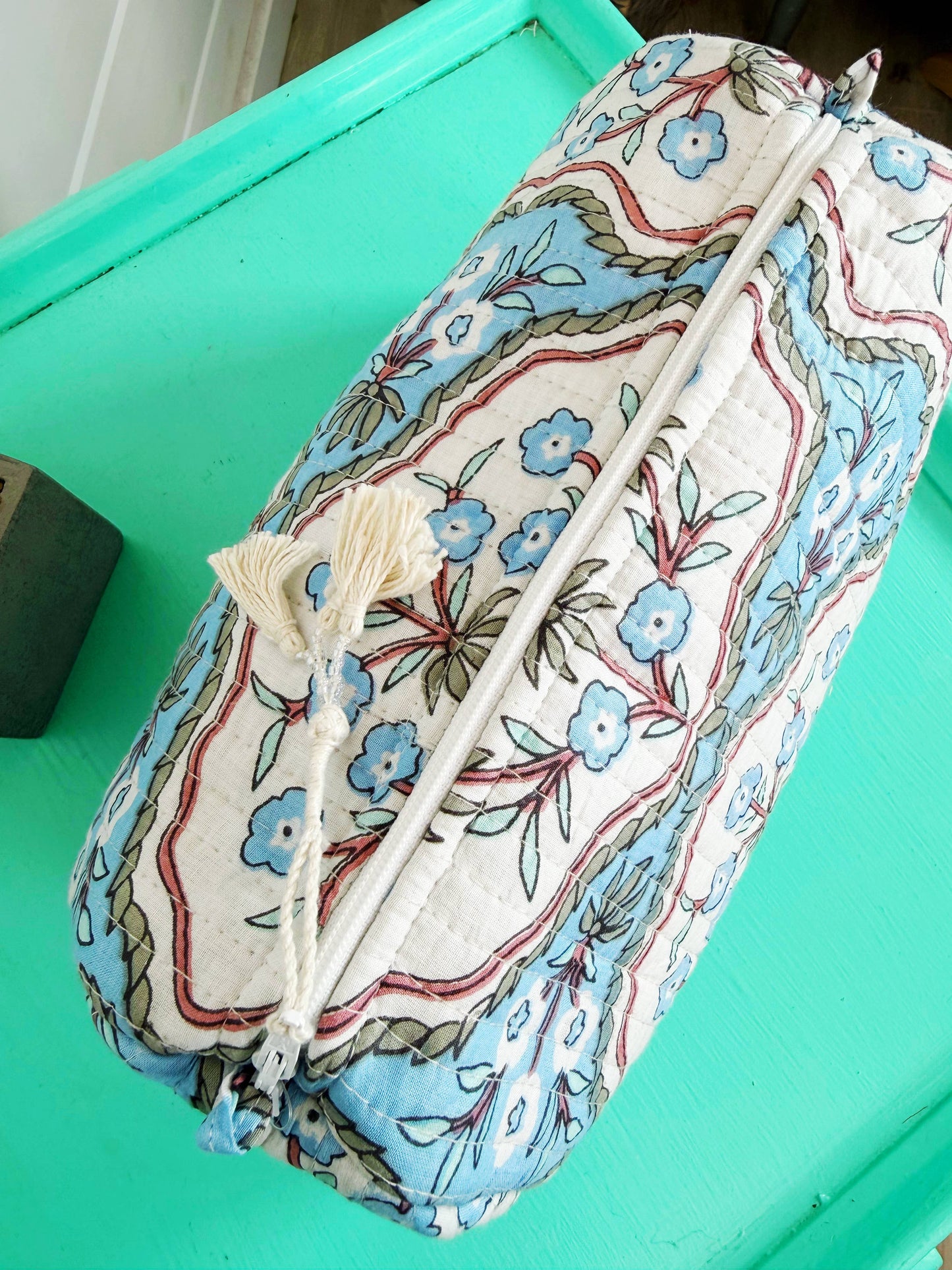 Blue Petals Quilted Makeup Bag