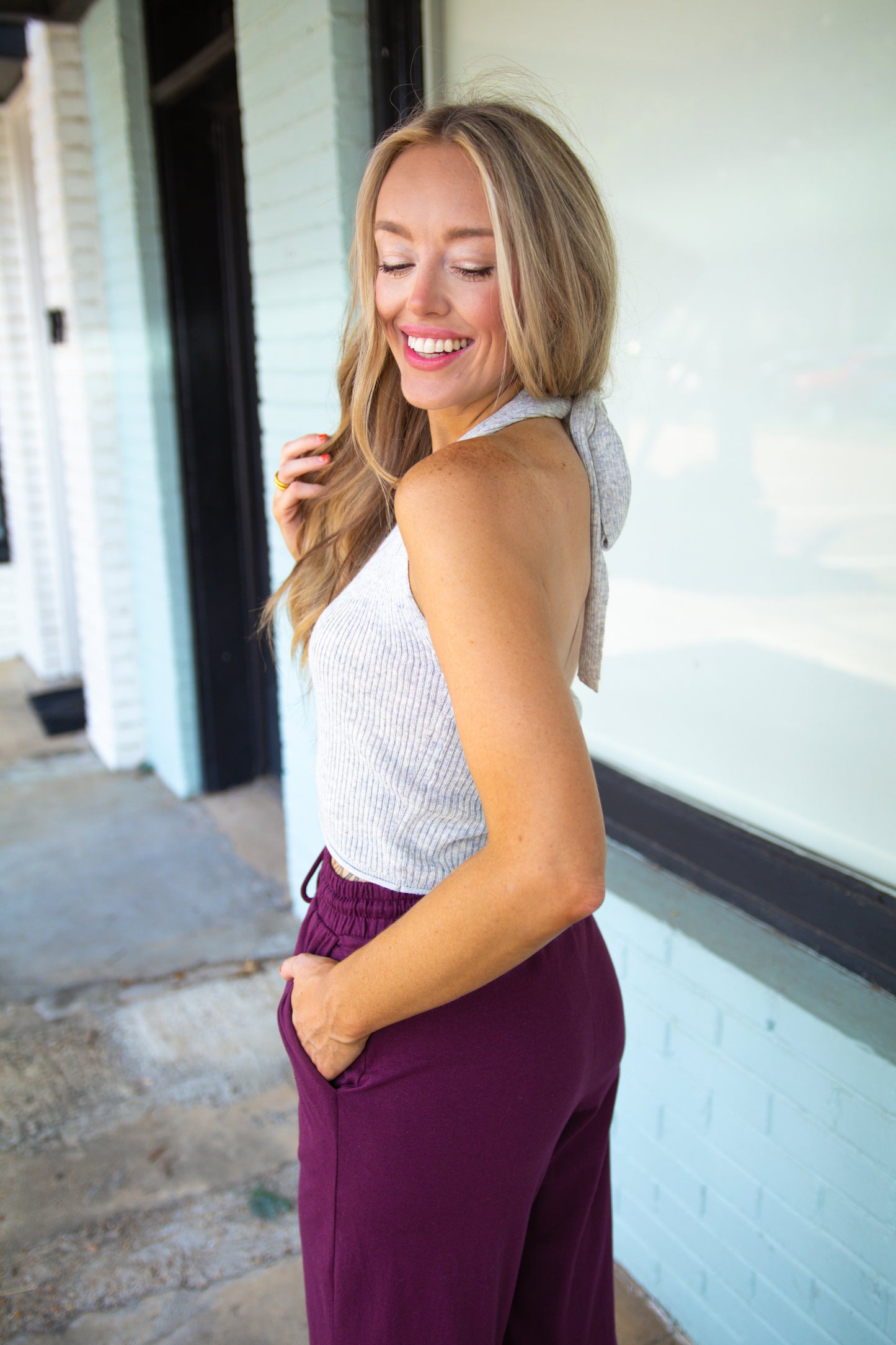 Halter Neck Ribbed Sweater Top