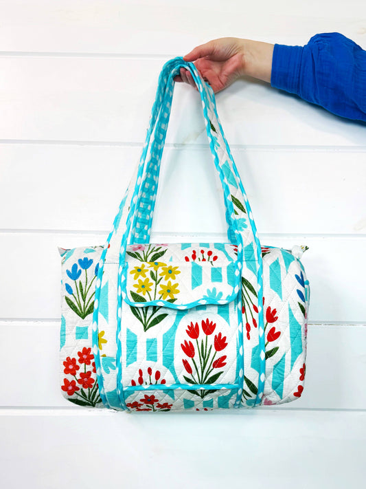 Aqua Garden Party Quilted Mini Duffle Bag
