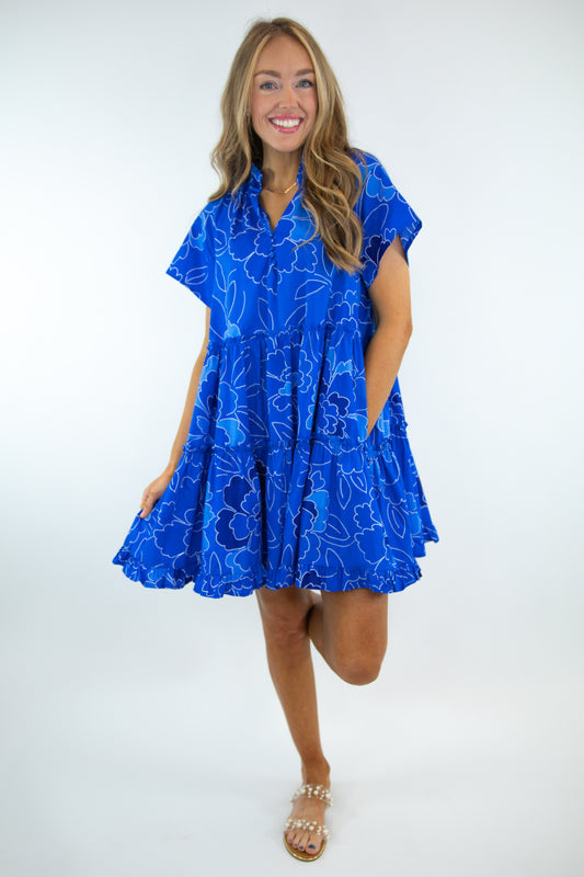 Royal Blue Floral Tiered Dress