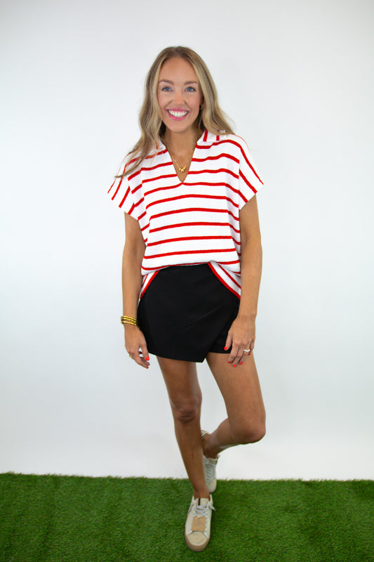 Striped Collared V-Neck Textured Top